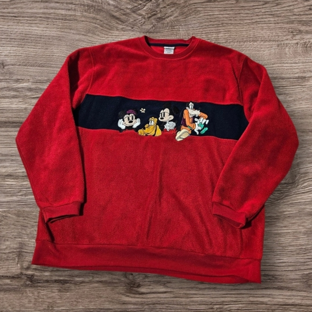 VTG/90S Disney Mickey Mouse & Friends Red Fleece Sweater‎ Goofy Minnie Size XL